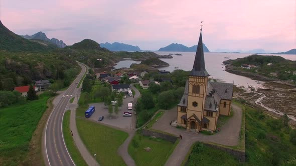 Lofoten cathedral in Norway from air