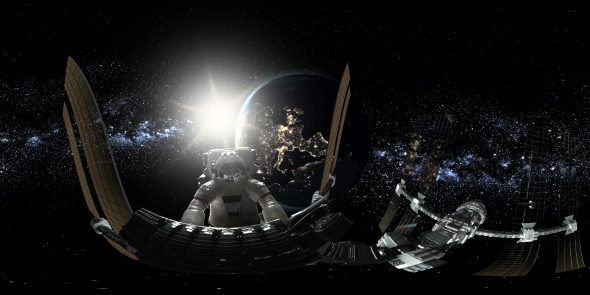 Astronaut and International Space Station Orbiting Earth in Virtual Reality alt