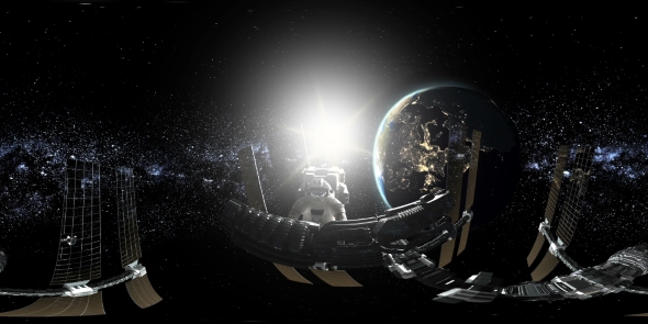 Astronaut and International Space Station Orbiting Earth in Virtual Reality alt
