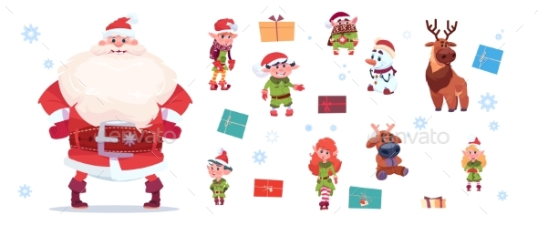 Santa Claus with Elves Set Isolated Characters