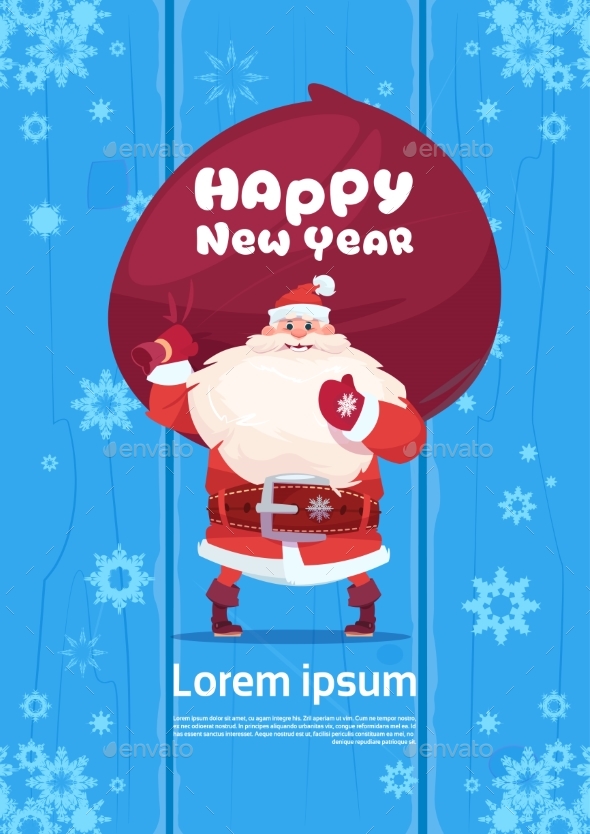 Santa Claus with Gift Sack on Happy New Year Background