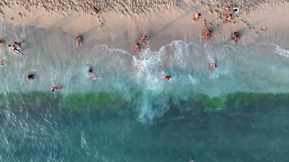 People swim in the azure sea aerial view 4 K Turkey Alanya