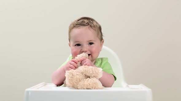 Baby boy sitting in highchair with teddy bear