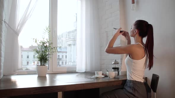 Food Photo. Woman Photographing Breakfast On Mobile Phone