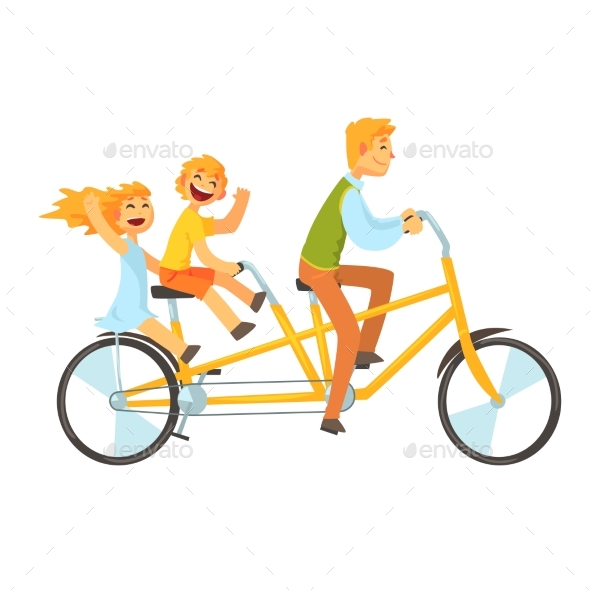 Father and Children Riding on Tandem Bicycle