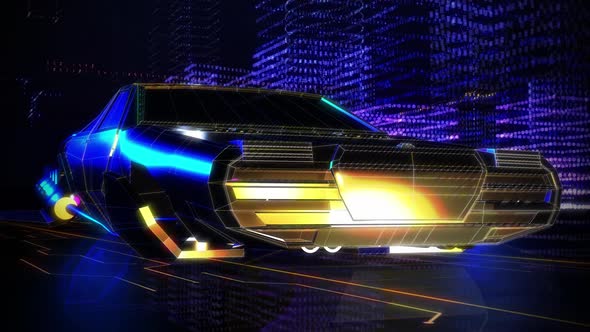 Futuristic vehicle moving inside a virtual world. Traveling along a digital road