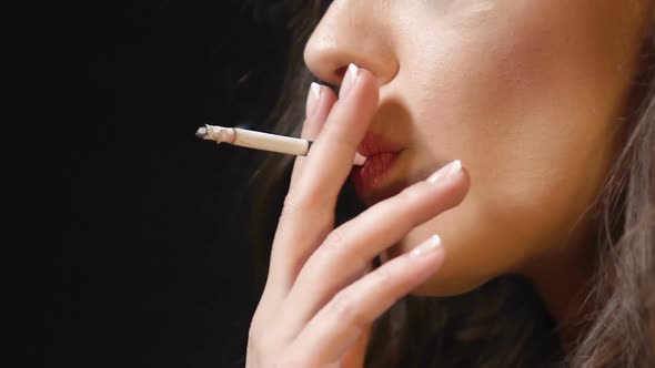 Stressed Woman Relaxing by Smoking Cigarette, Hands Shaking Nervously, Problem