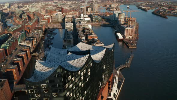 Close Up Aerial Orbit of Modern Elbphilharmonie Concert Hall Building in Hamburg City Center