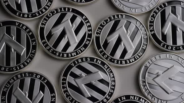 Rotating shot of Litecoin Bitcoins (digital cryptocurrency) - BITCOIN LITECOIN 0088