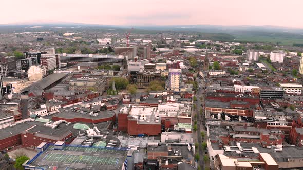 Aerial view of Harris Museum and Preston bus station on a cloudy day