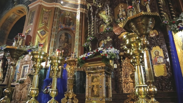 In Temple There Is Gold Iconostasis Made of Precious Metals and Stones