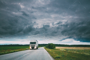  Motion On Country Road, Freeway In Europe. Cloudy Sky Above The Asphalt Motorway, Highway. Business Transportation Concept