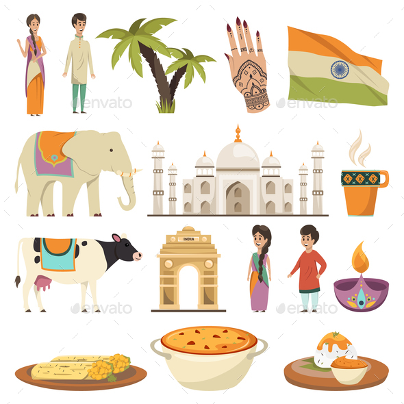India Orthogonal Isolated Icons Set