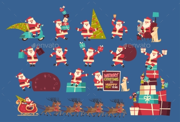 Set Of Santa Claus With Presents Merry Christmas