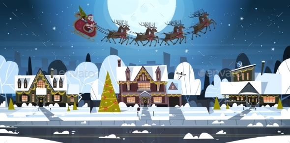 Santa Flying in Sledge With Reindeer in Sky Over