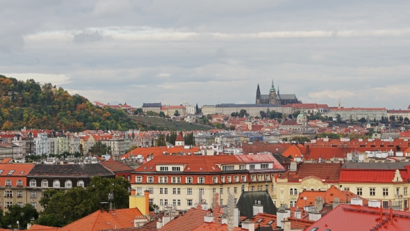 Aerial  View of the Old Town Architecture with Red Roofs in Prague , Czech Republic. St. Vitu