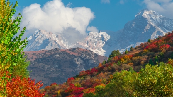of the Mountain Autumn Landscape with Colorful Forest and High Peaks