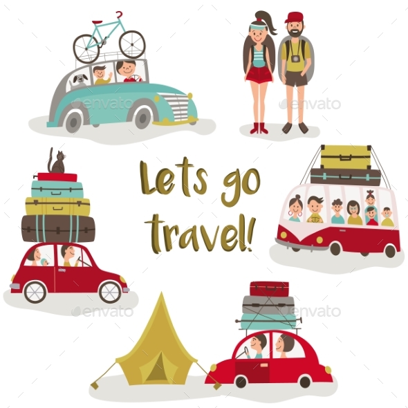 Road Trip Concept, Set of People Trvelling By Car