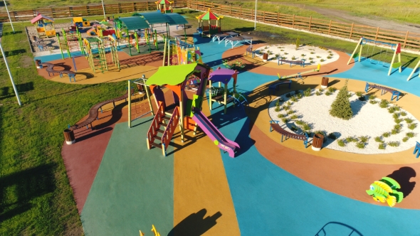 Elevated View of Slides, Swings in the Park. Children Outdoor Play, Recreation Concept