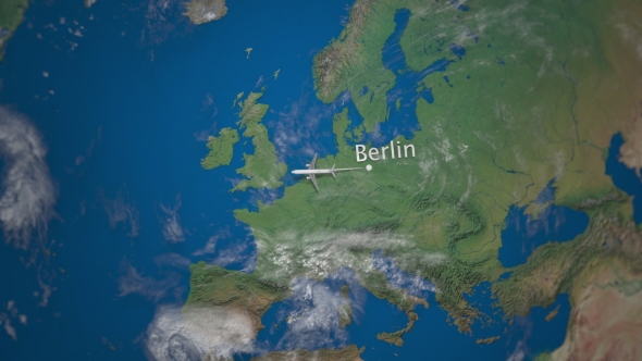 Route of Commercial Airplane Flying From Berlin To New York on the Earth Globe alt