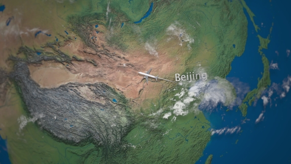 Route of Commercial Airplane Flying From Beijing To Paris the Earth Globe alt