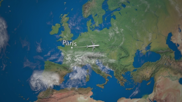 Route of Commercial Airplane Flying From Paris To Beijing on the Earth Globe alt