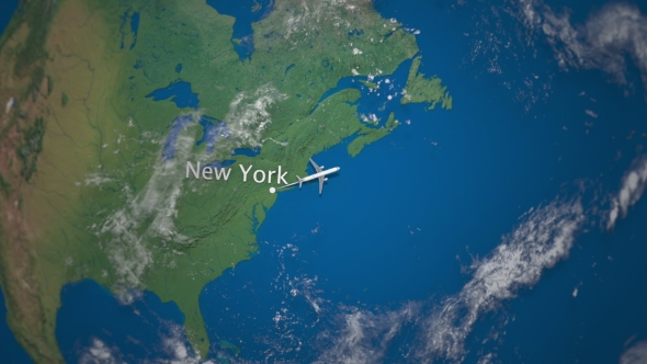 Route of Commercial Airplane Flying From New York To London on the Earth Globe alt