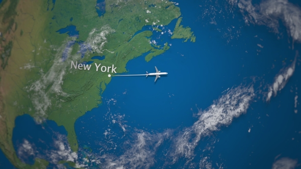 Route of Commercial Airplane Flying From New York To Dubai on the Earth Globe alt