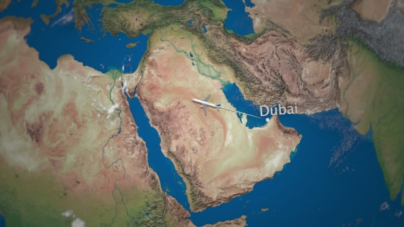 Route of Commercial Airplane Flying From Dubai To New York on the Earth Globe alt
