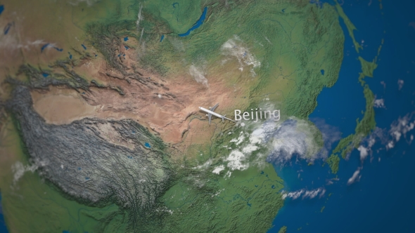 Route of Commercial Airplane Flying From Beijing To Moscow the Earth Globe alt