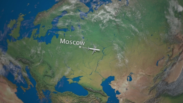 Route of Commercial Airplane Flying From Moscow To Beijing the Earth Globe alt