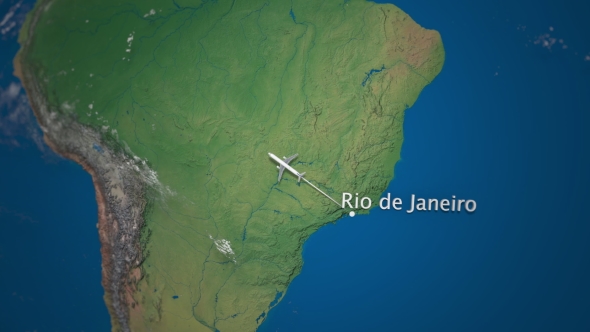 Route of Commercial Airplane Flying From Rio De Janeiro To Los Angeles on the Earth Globe alt