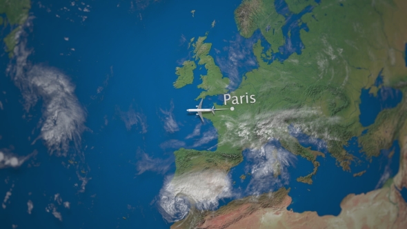 Route of Commercial Airplane Flying From Paris To New York on the Earth Globe alt