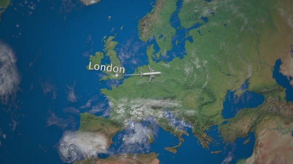 Route of Commercial Airplane Flying From London To Beijing the Earth Globe alt