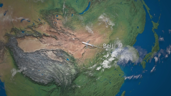 Route of Commercial Airplane Flying From Beijing To London the Earth Globe alt