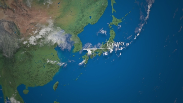 Route of Commercial Airplane Flying From Tokyo To Dubai on the Earth Globe alt