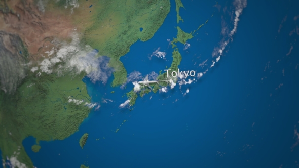 Route of Commercial Airplane Flying From Tokyo To Delhi on the Earth Globe alt