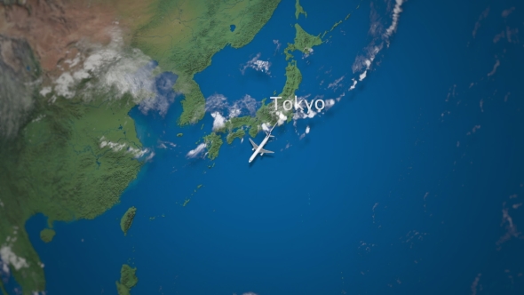 Route of Commercial Airplane Flying From Tokyo To Jakarta on the Earth Globe alt