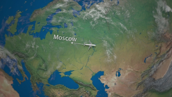 Route of Commercial Airplane Flying From Moscow To Tokyo on the Earth Globe alt