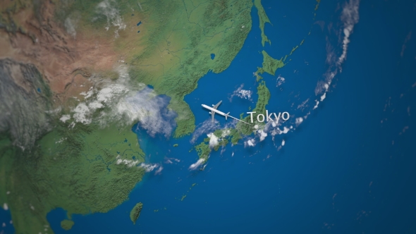 Route of Commercial Airplane Flying From Tokyo To Moscow on the Earth Globe alt