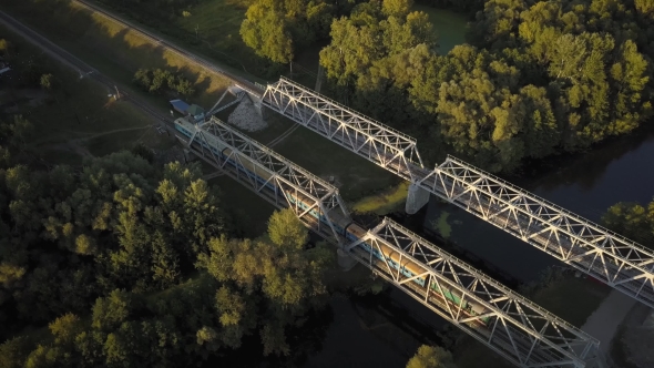 Passenger Train Goes Over the Bridge, Filming From the Top