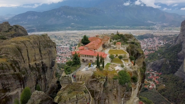Flight Over the Rock Formations and Monasteries of Meteora, Greece.