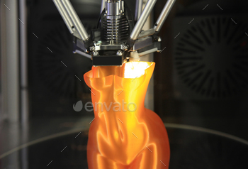 Automatic three dimensional 3d printer performs plastic female figure for sample.