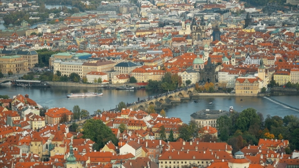 Old Town Architecture with Red Roofs in Prague , Czech Republic. Vltava Rive