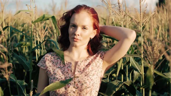 Cute Ginger Woman with Red Hair Walking on the Corn Field Looking at Camera