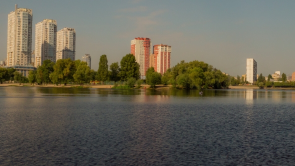 Autumn Lake in the Background City.