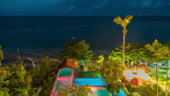 Swimming Pool,the Sea in the Night in Bali