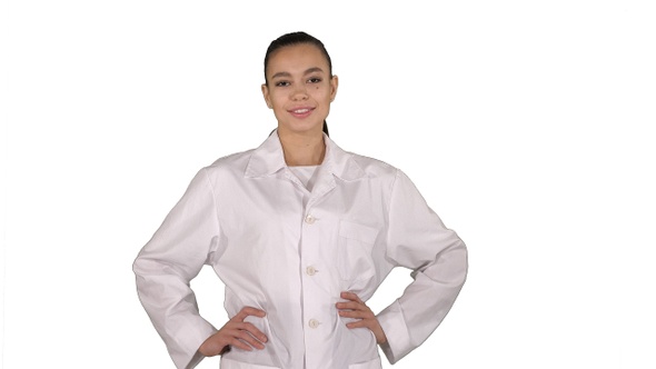 Woman Doctor Walking Like Fashion Model on White Background