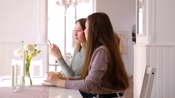 Two young women in cafe looking at mobile phone and chatting