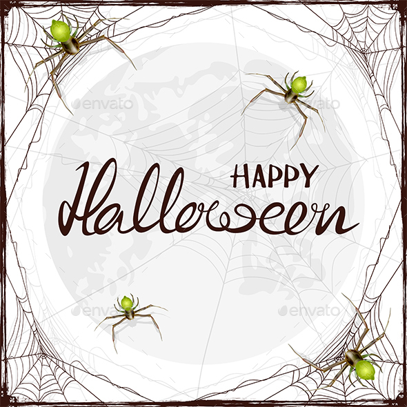 Text Happy Halloween in Cobweb with Spiders
